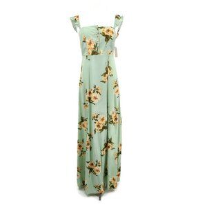 New Flynn Skye Bardot Maxi Dress Womens M Mint Gatherings Slit Rayon Green Flora